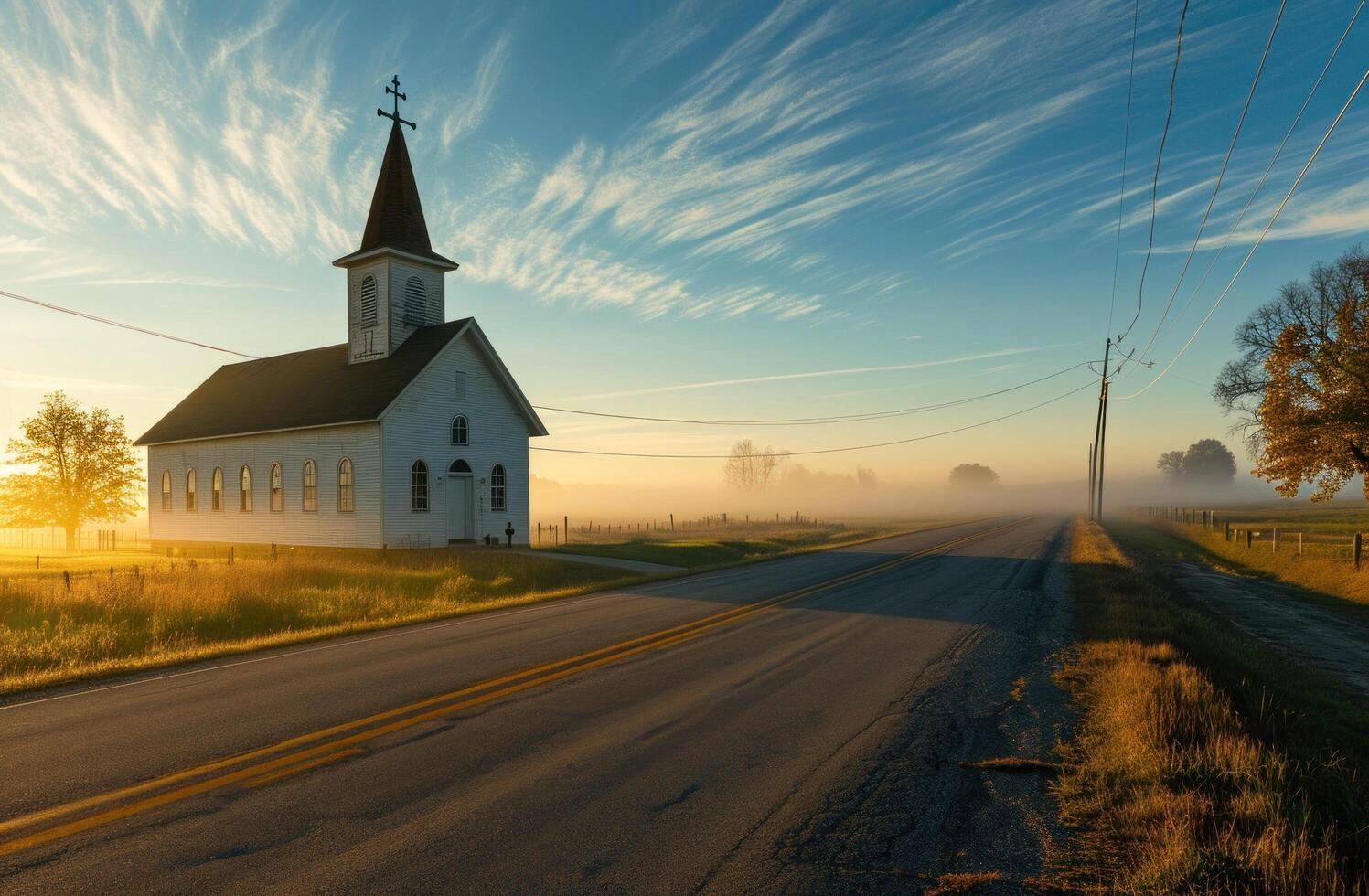 ai-generated-a-church-next-to-an-empty-road-at-sunrise-free-photo